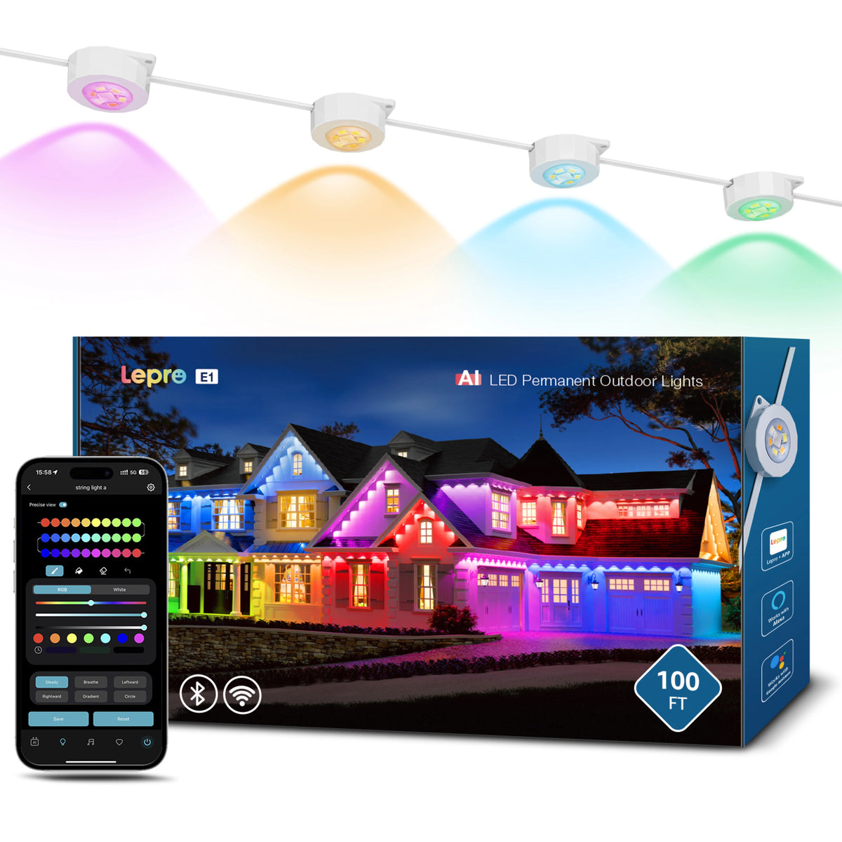 Fire Lepro E1 AI LED-pucklamper til udendørs brug, placeret over en produktkasse, hvor belysningen styres via en app.