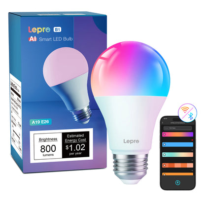 Lepro B1 AI smart LED-pære E27 med emballage og smartphone med app-indstillinger til farvet lys.