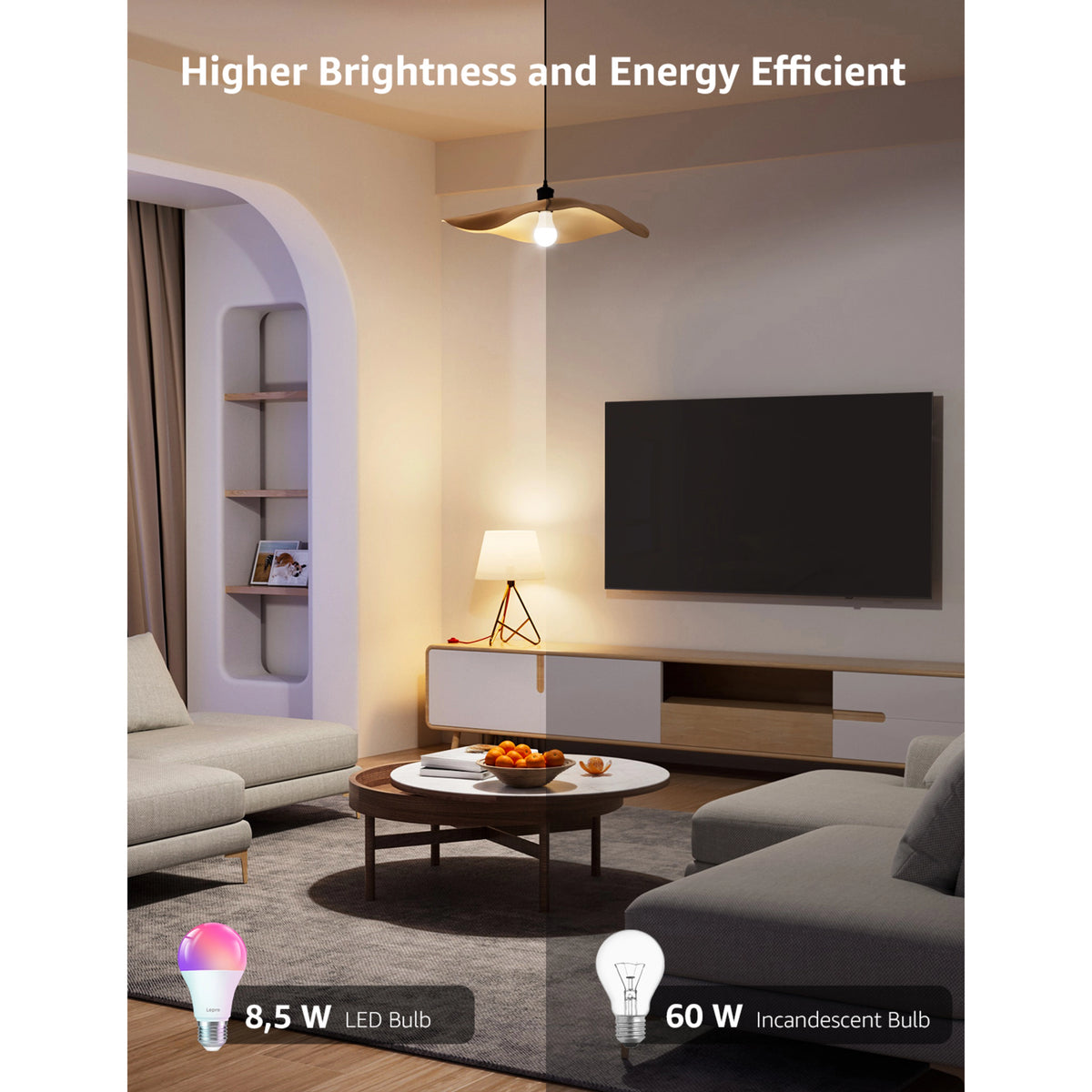 Lepro B1 AI smart LED-pære E27 med farvet lys ved siden af en glødepære.