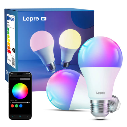 2 stk. Lepro B1 AI smart LED-pærer E27, en lyserød og en gul, med emballage samt en smartphone med app-styring.