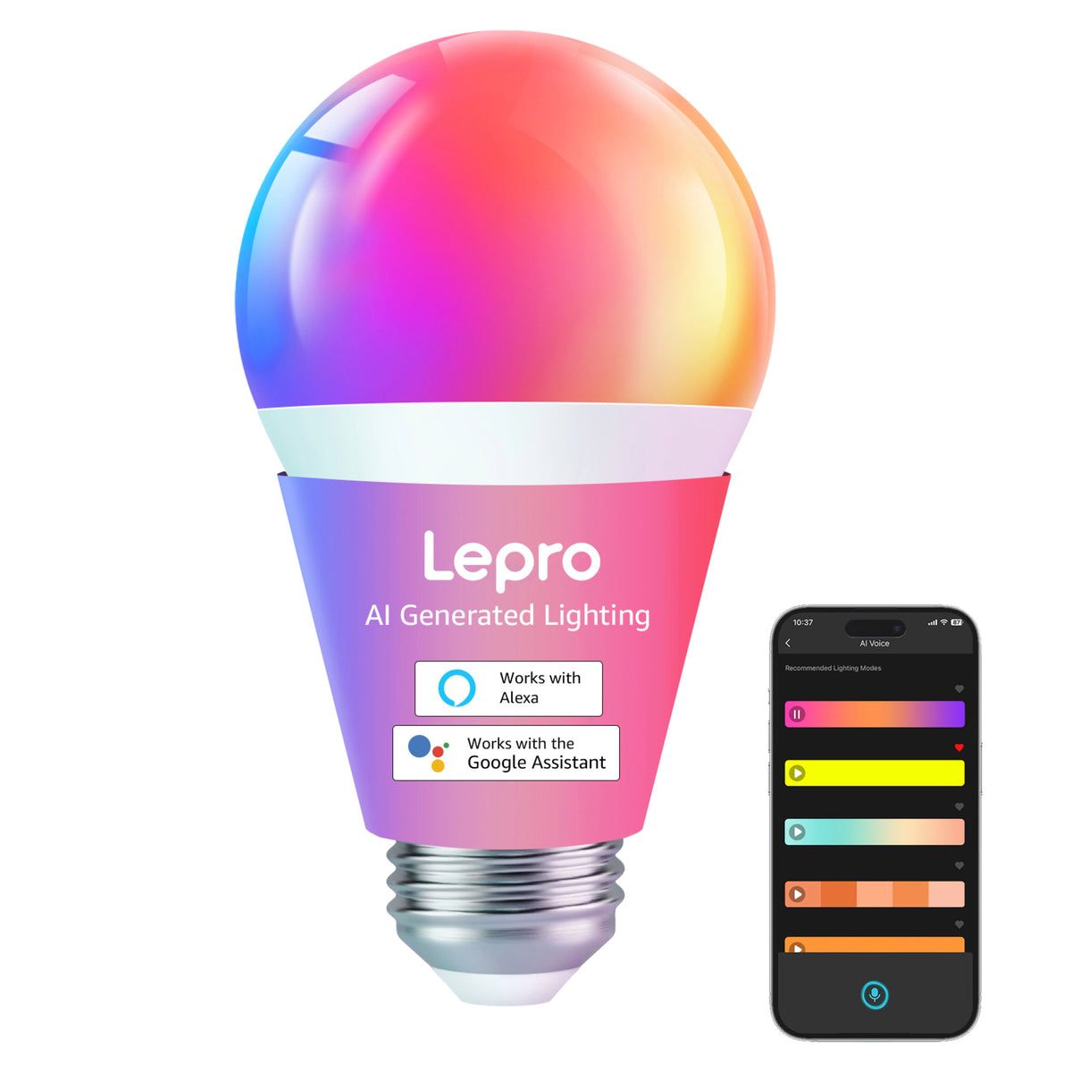 Lepro B1 AI smart LED-pære E27 med farveskift via smartphone med styringsapp.