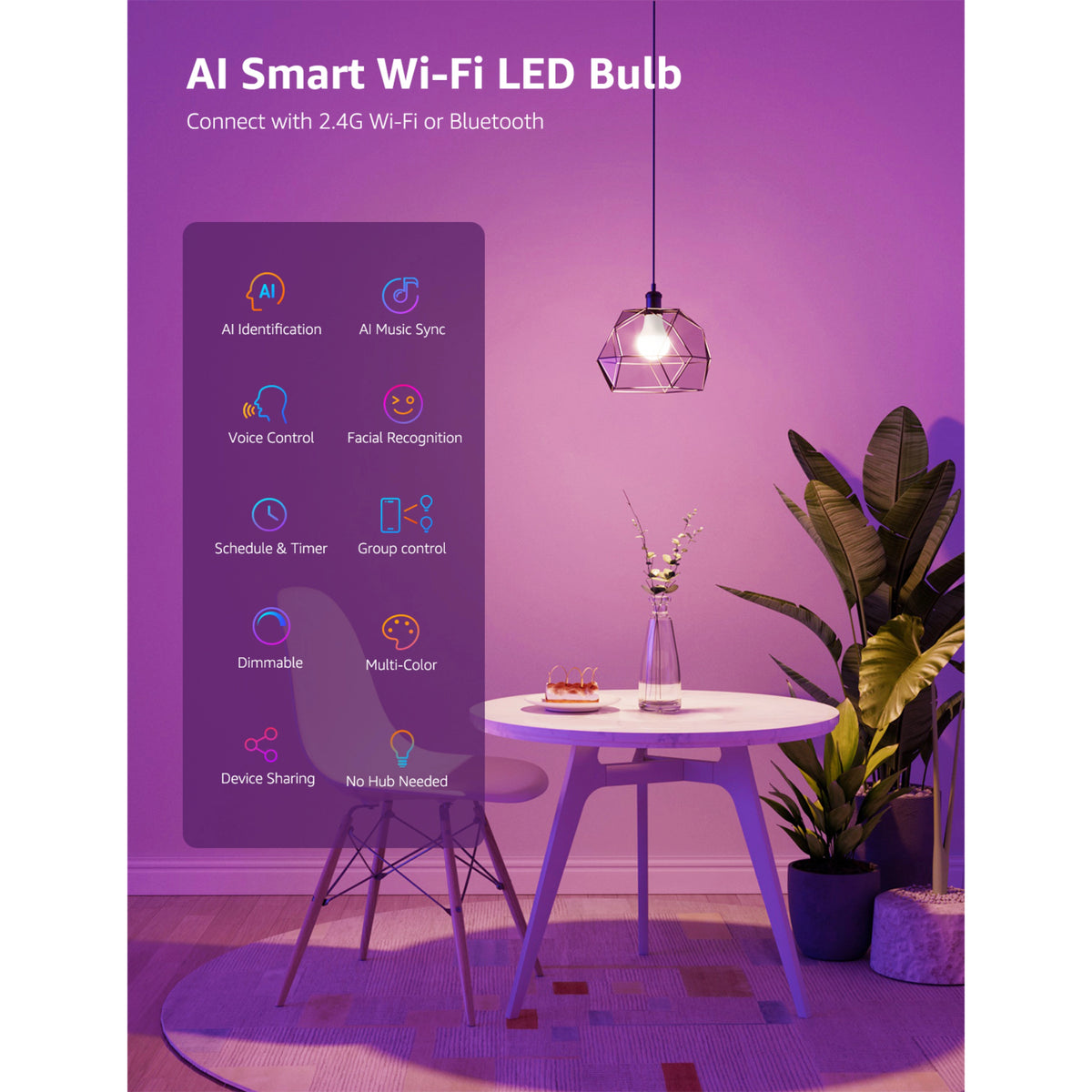 Lepro B1 AI smart LED-pære E27 806 lm RGB, 2-pak, i lampe med infografik om musiksynkronisering, stemmestyring og planlægning.