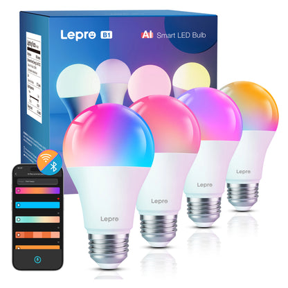 Lepro B1 AI smart LED-pære, E27, 806 lm, RGB, 4-pak med emballage og smartphone med styringsapp.