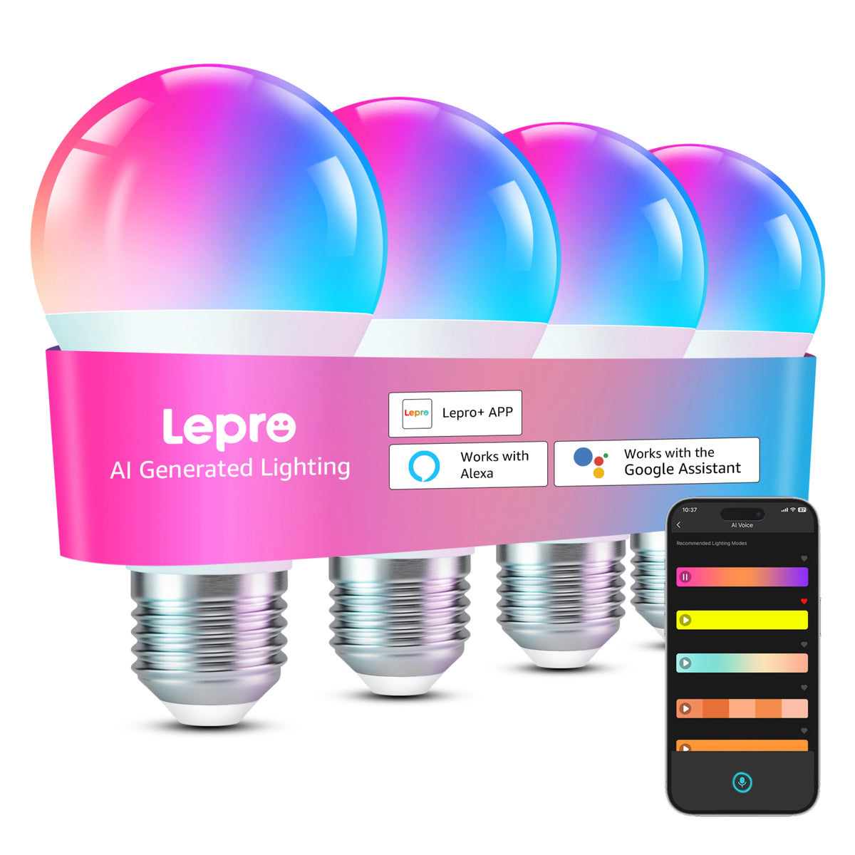 Lepro B1 AI smart LED-pære E27, 4-pak med reklamebånd og smartphone med lysstyrings-app til farvet lys.