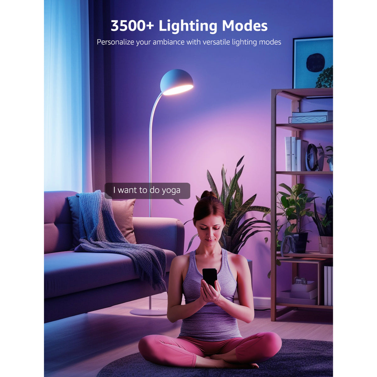 Kvinde i lotusstilling med en smartphone i et rum oplyst af en Lepro B1 AI smart LED-pære (E27) med en taleboble om yoga.