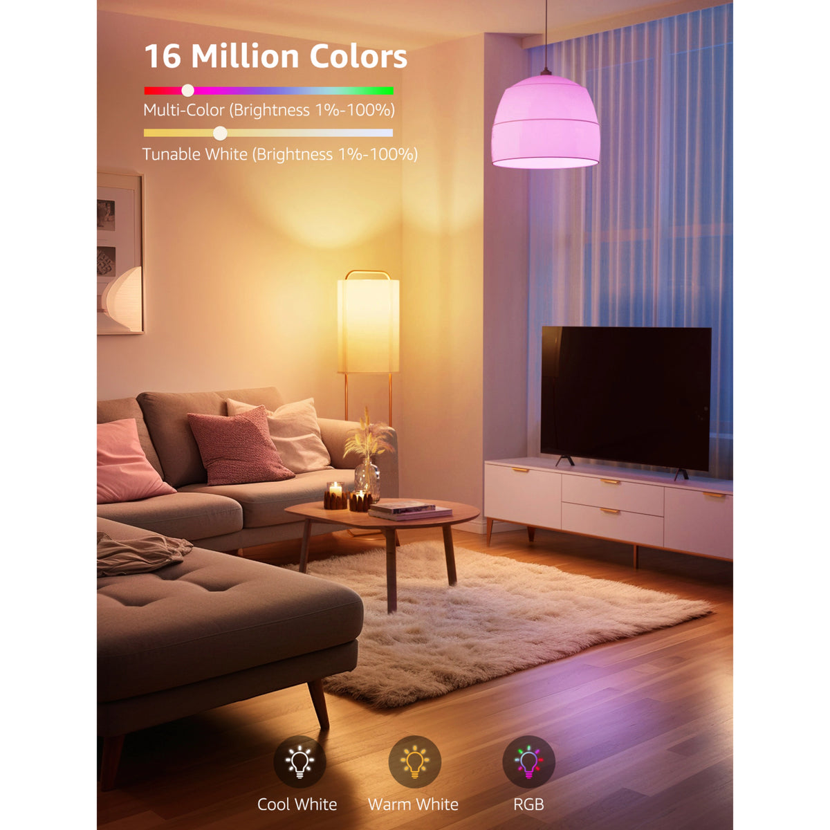 Lepro B1 AI smart LED-pære E27 806 lm RGB, 4-pak i pendellampe med visning af farve- og lysstyrkeindstillinger på skærmen.