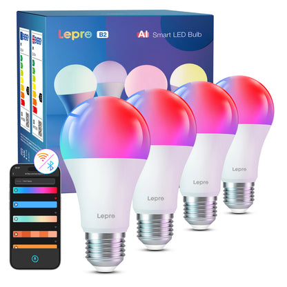 Fire Lepro B2 AI smarte LED-pærer E27 RGB med produktæske og smartphone med app til stemmestyring.