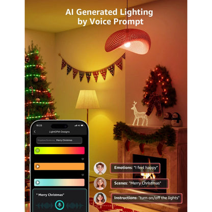 Smartphone med lysstyrings-app til Lepro B2 AI smart LED-pære E27 i stuen med farvet pendel.