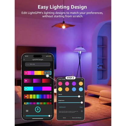 Smartphone-app med farveindstillinger til Lepro B2 AI smart LED-pære E27, 1100 lm, RGB, 4-pak i en oplyst stue.