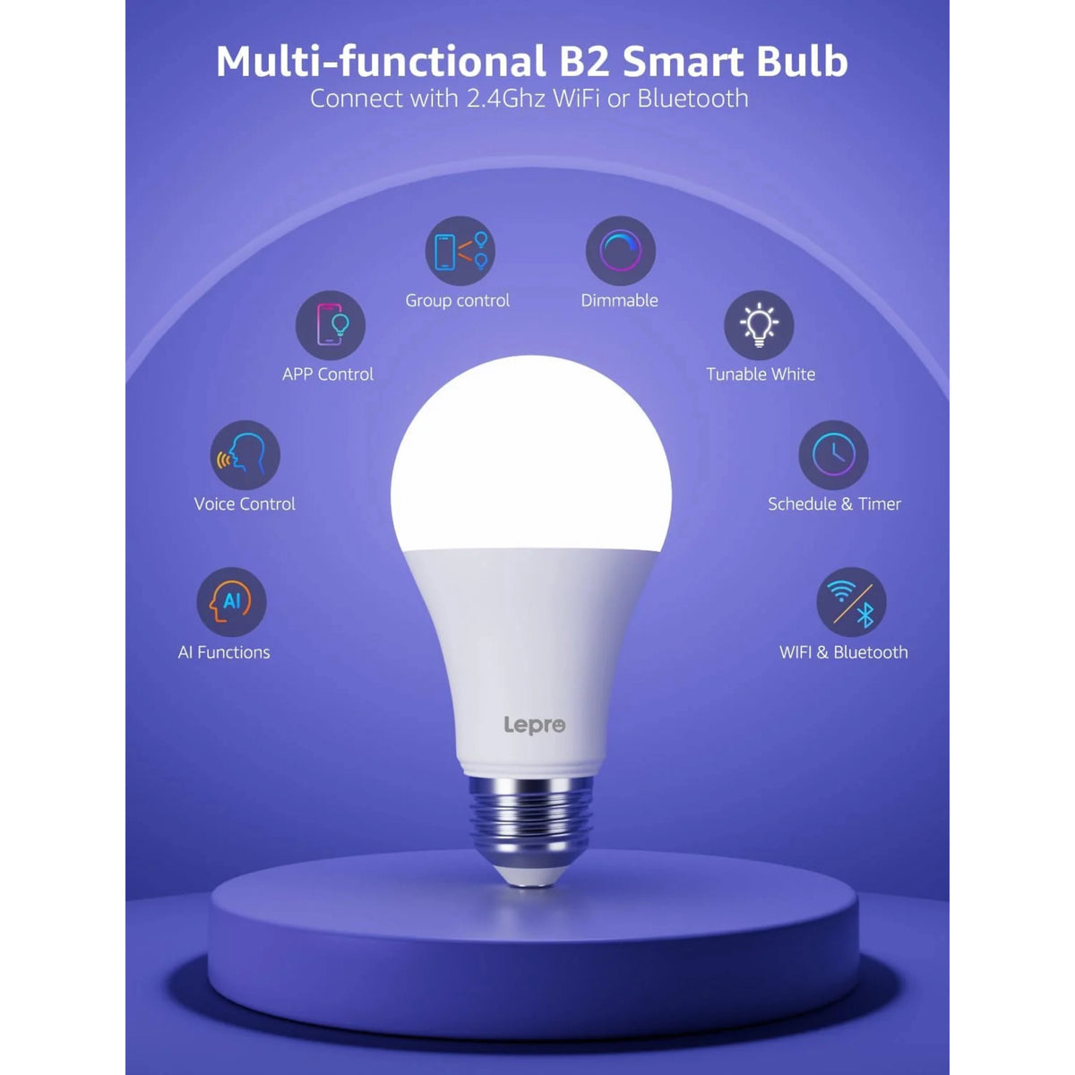 Lepro B2 AI smart LED-pære E27 på stativ med ikoner for app, stemmestyring, AI, lysdæmpning og tilslutningsmuligheder.