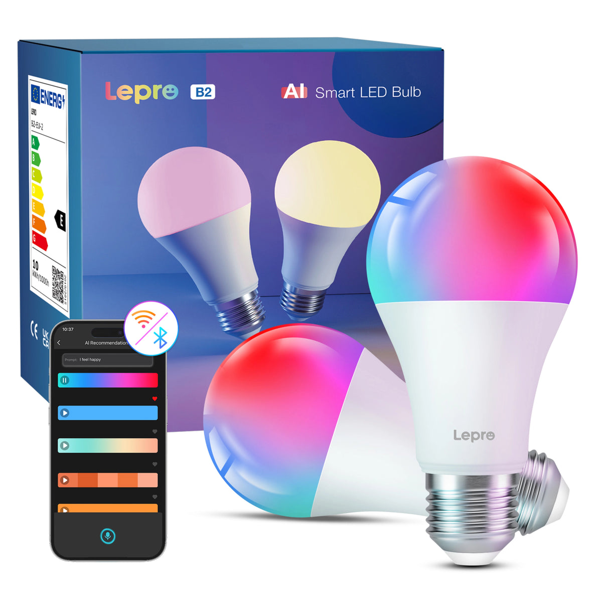 Lepro B2 AI smarte LED-pærer E27, én i emballagen og én med smartphone-app til justerbart hvidt lys.
