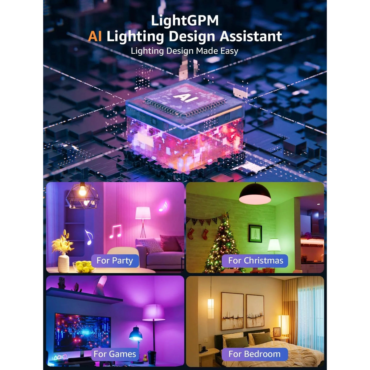 Lepro B2 AI smart LED-pære E27 med mikroprocessor, AI-symbol og digitale mønstre.