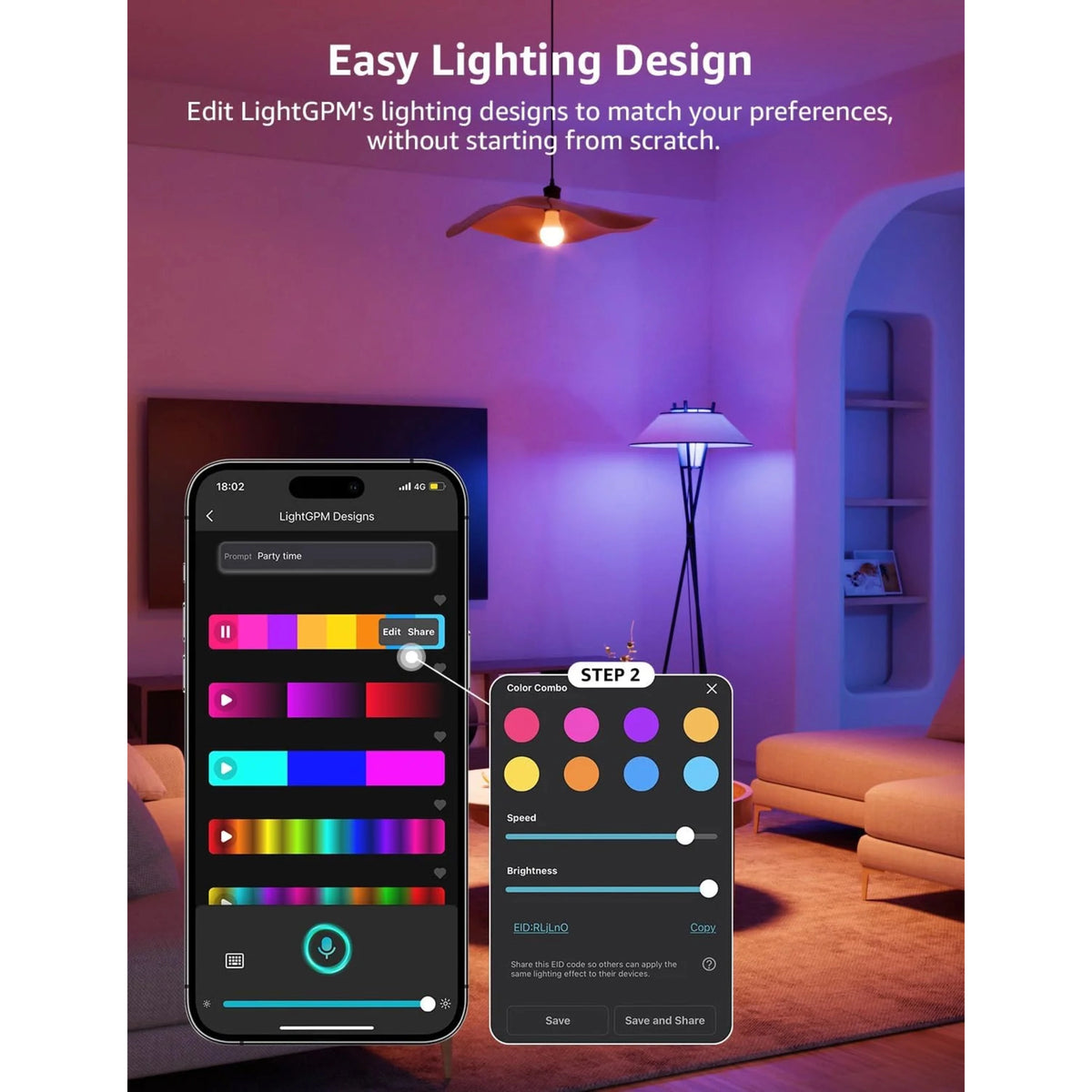 Smartphone med app til styring af belysningen til Lepro B2 AI LED-pære E27, 1100 lm, RGB, 2-pak, kompatibel med Alexa og Google Assistant.