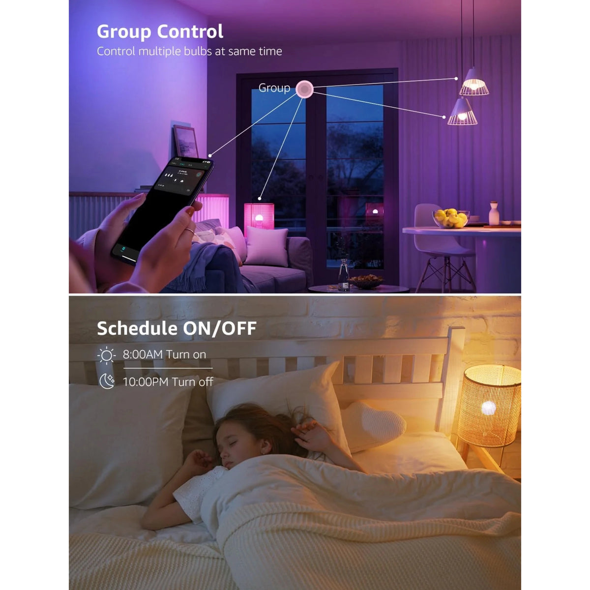Smartphone-app, der styrer Lepro B2 AI smart LED-pære (E27) med justerbart hvidt lys via Alexa og Google Assistant.