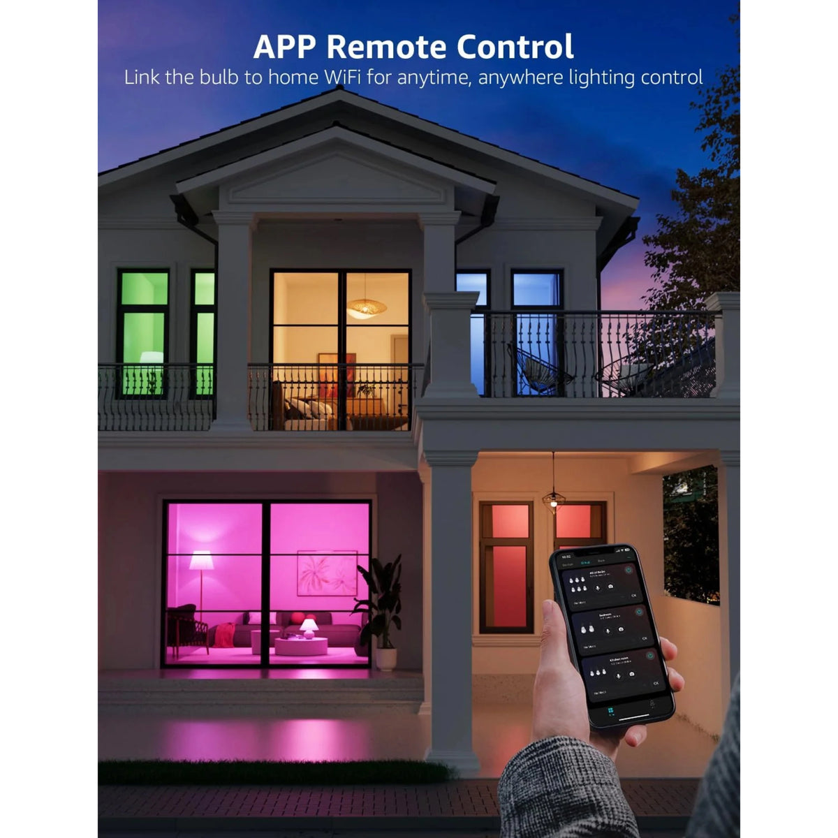Hånd, der holder en smartphone med en app til Lepro B2 AI smart LED-pære E27, med et hus med farvet belysning i baggrunden.