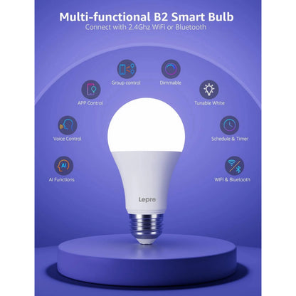 Lepro B2 AI smart LED-pære E27 med ikoner for app, stemmestyring, AI-funktioner, lysdæmpning og tilslutningsmuligheder.