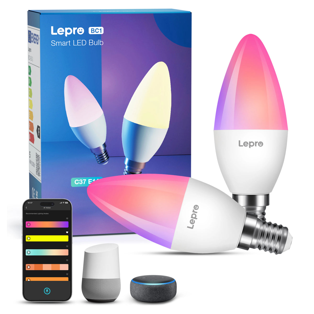Lepro BC1 AI smart LED-pære, E14 kroneformet, RGB, 2-pak med æske, smartphone med belysnings-app og to smarte højttalere.
