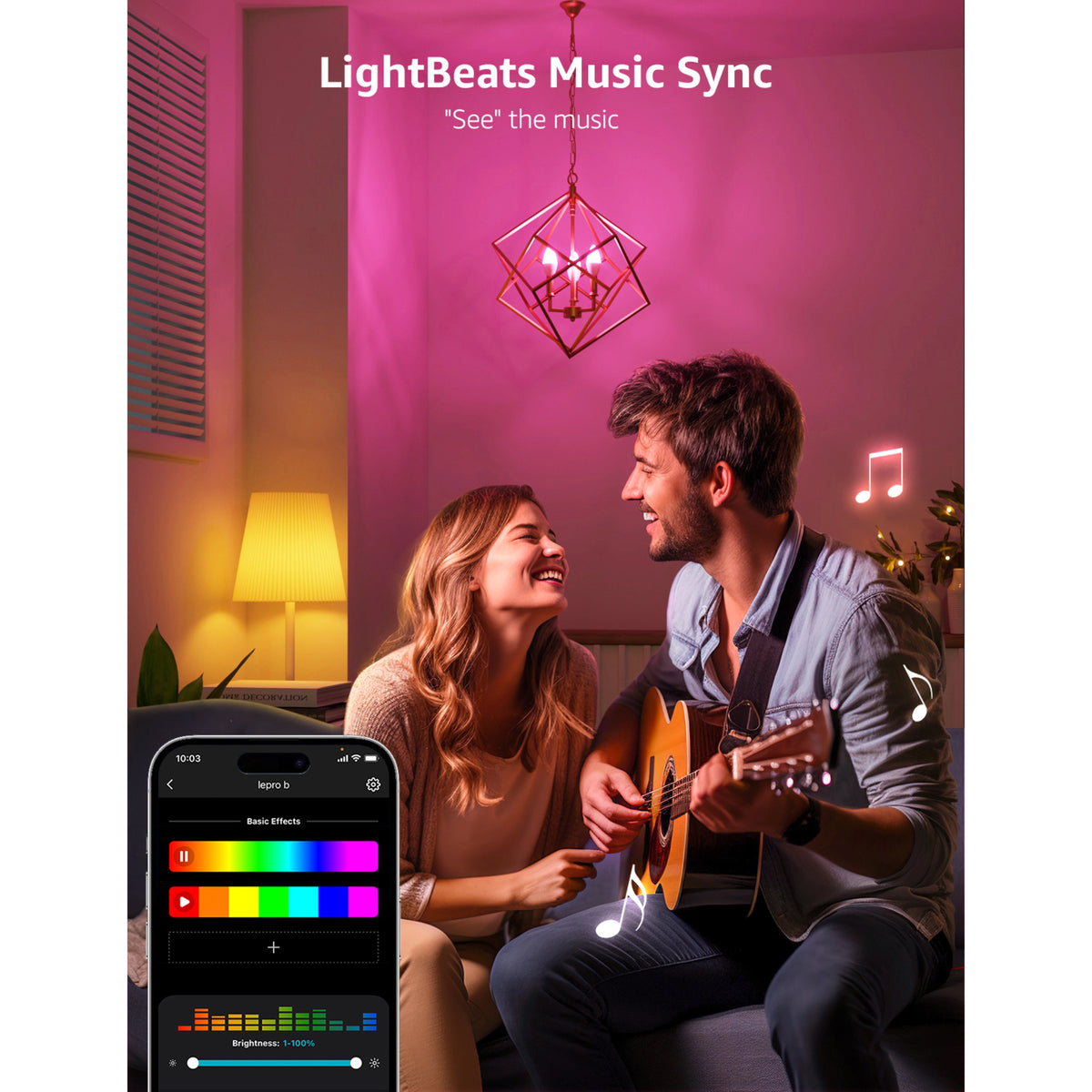 Lepro BC1 AI smart LED-pære, E14-kroneformet, med lyserødt lys og styring via LightGPM-appen på smartphonen.