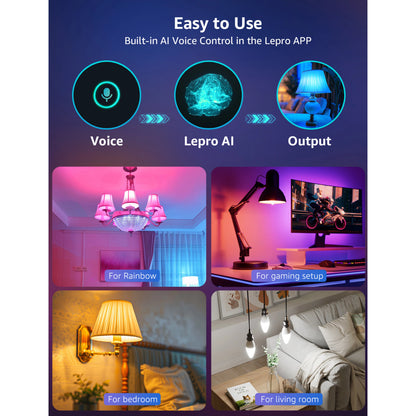 Infografik om Lepro BC1 AI smart LED-pære E14, stemmestyring, indstillinger for farve og lysstyrke til hjemmet og gaming.