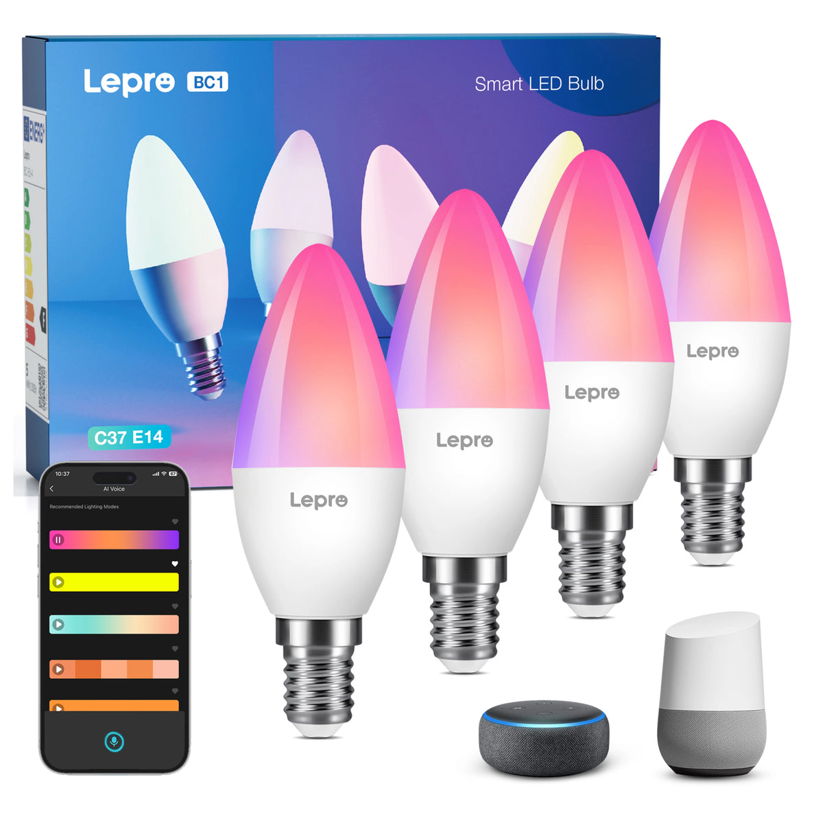 4-pak Lepro BC1 AI LED-kronelys E14 RGB i en pakke sammen med en smartphone og to smarte højttalere med LightGPM AI-motor.