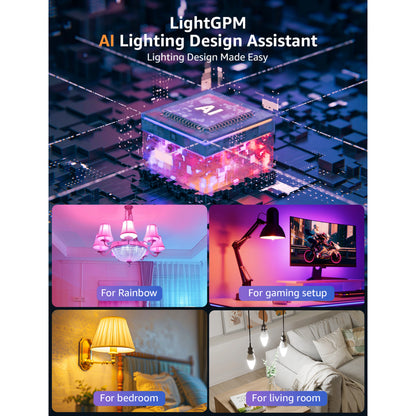 4-pak Lepro BC1 smarte LED-kronelys E14 RGB med AI-chip – illustrationer i forskellige rumindstillinger.