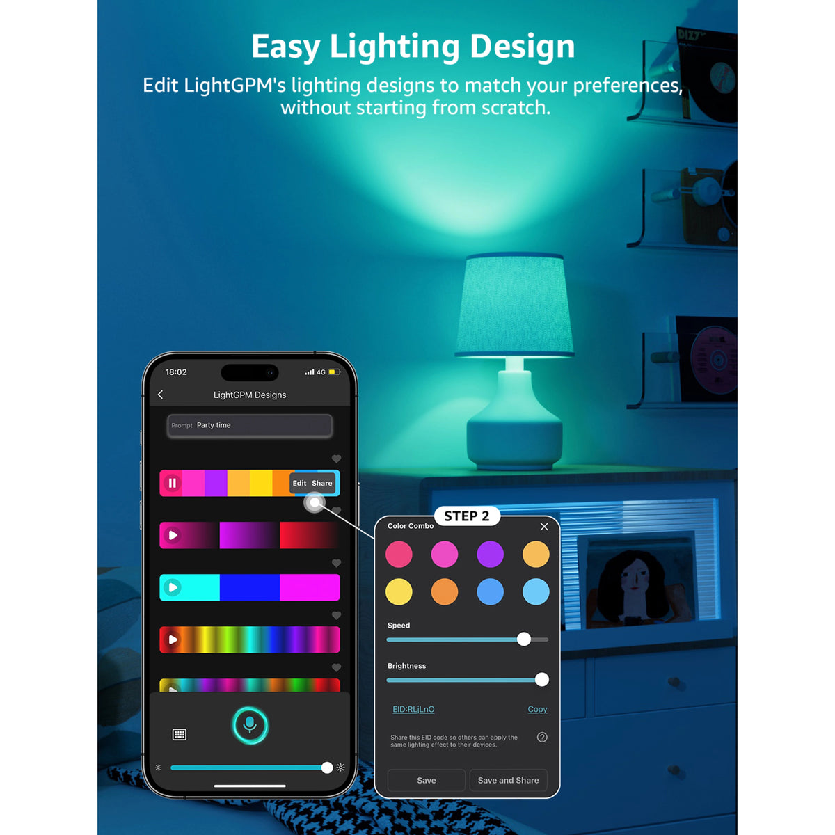 Smartphone-app til Lepro BC1 smart LED-pære E14 RGB (4-pak) med indstillinger for farve, lysstyrke og lyseffekter.