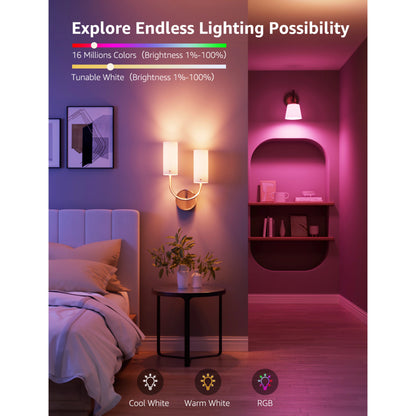 Lepro BC1 AI smart LED-pære, E14 kroneformet, RGB, 4-pak, monteret i væglampe og væghylde med lilla og varmhvidt lys.