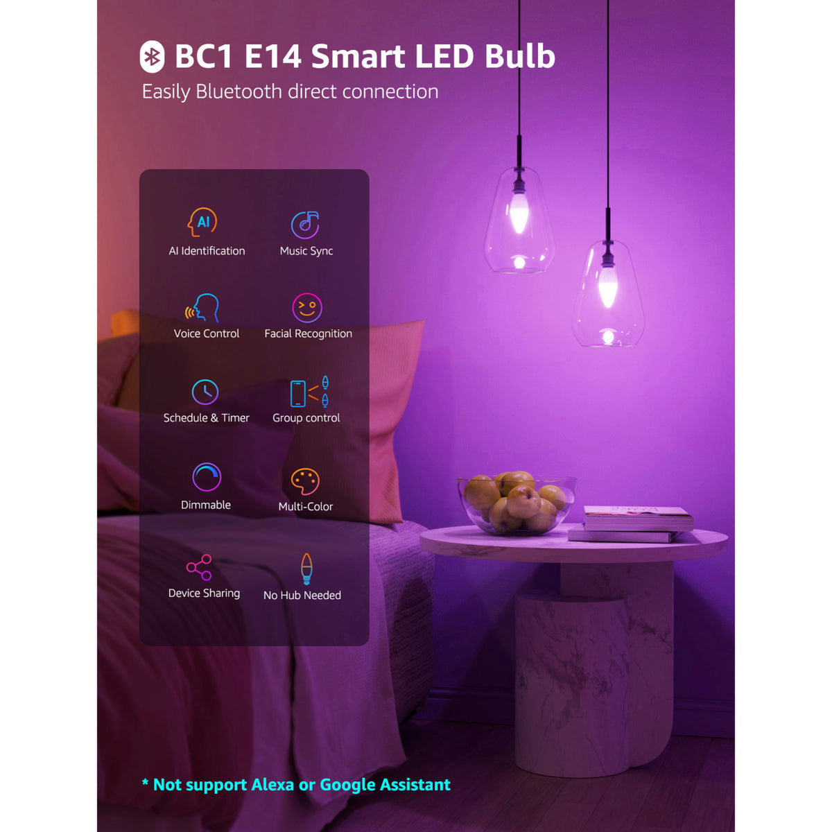 Lepro BC1 AI smart LED-pære E14, RGB, 4-pak, vist med infografik om produktfunktioner og mulighederne i LightGPM-appen.