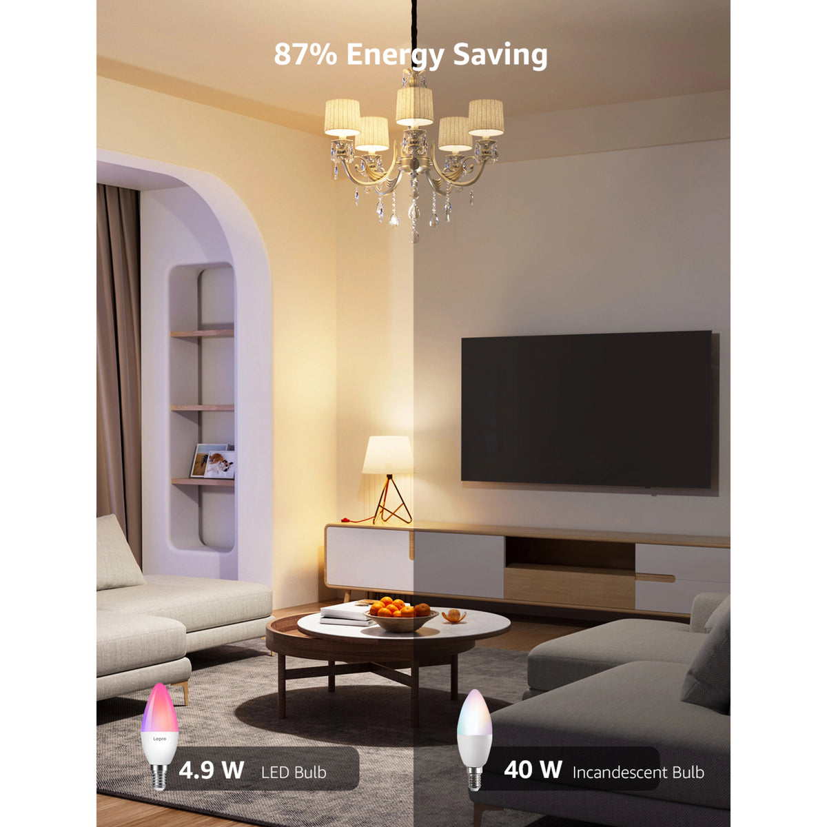 Lepro BC1 AI smart LED-pære E14 kronelys tændt i lysekronen.