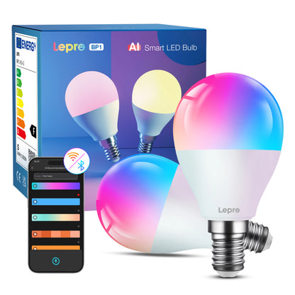Lepro BP1 smart LED-pære E14 RGB, 2-pak med emballage og smartphone med app til lysstyring.