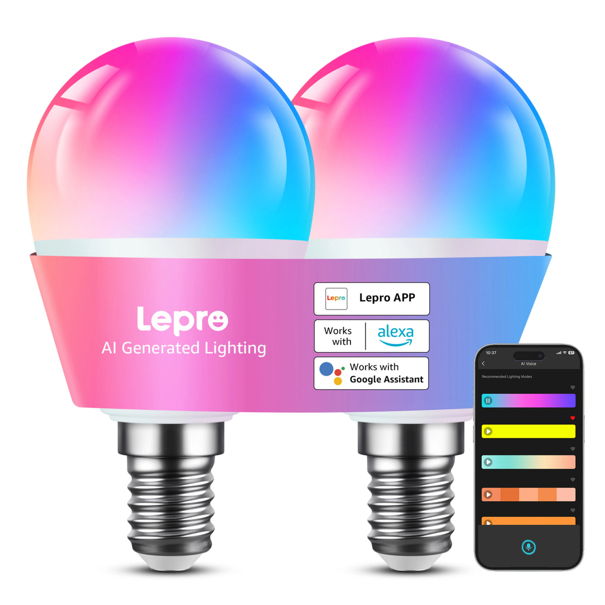 Pakke med to Lepro BP1 smart LED-pærer, E14, RGB, med app- og stemmestyring.