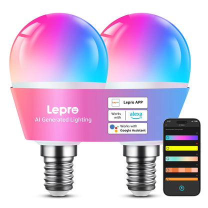 Pakke med to Lepro BP1 smart LED-pærer, E14, RGB, med app- og stemmestyring.