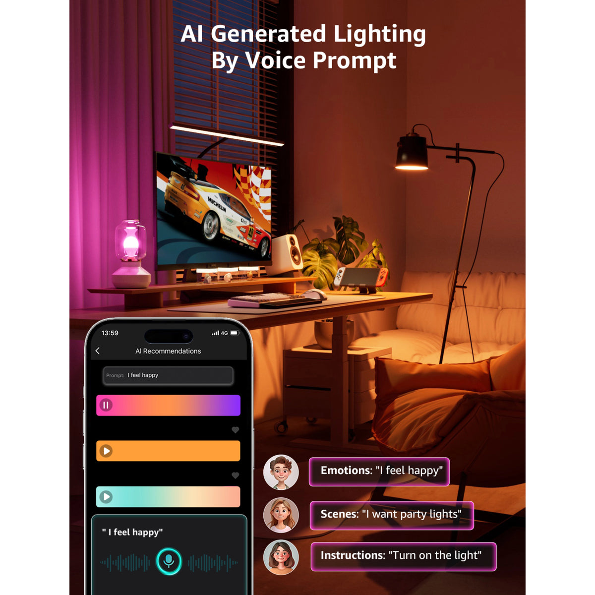 Smartphone med AI-belysningsapp ved skrivebordet med Lepro BP1 AI smart LED-pære E14, RGB, 2-pak.