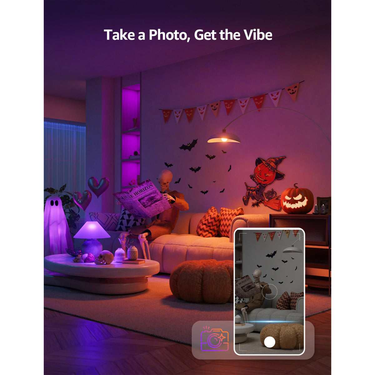 Smartphone med kameraapp viser en stue med Halloween-pynt, oplyst af en lilla og orange Lepro BP1 AI smart LED-pære.