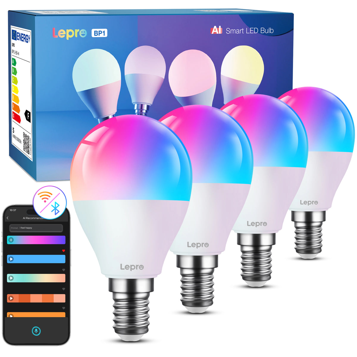 Lepro BP1 AI smart LED-pære E14, RGB, 4-pak med lysende pærer, emballage og smartphone med kontrol-app.