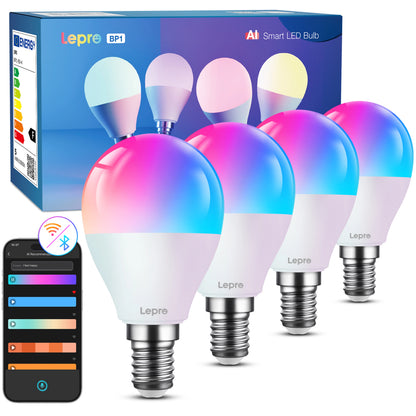 Lepro BP1 AI smart LED-pære E14, RGB, 4-pak med lysende pærer, emballage og smartphone med kontrol-app.