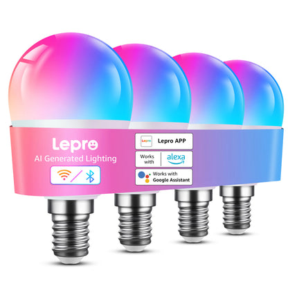 4 stk. Lepro BP1 AI smart LED-pære E14 med lyserødt og blåt lys i emballage med Alexa- og Google Assistant-logoer.