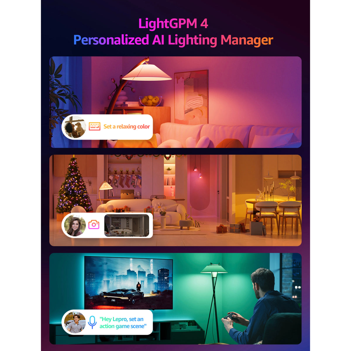 Lepro BP1 AI smart LED-pære E14 RGB, 4-pak, vist i tre forskellige lysindstillinger i stuen.