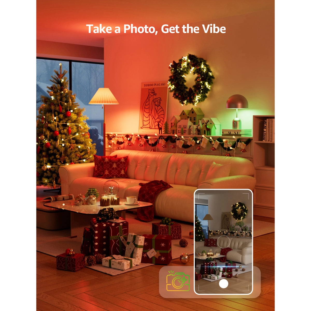 Lepro BP1 AI smart LED-pære (E14) i stuen med julepynt, vist via smartphone-kameraets brugergrænseflade.