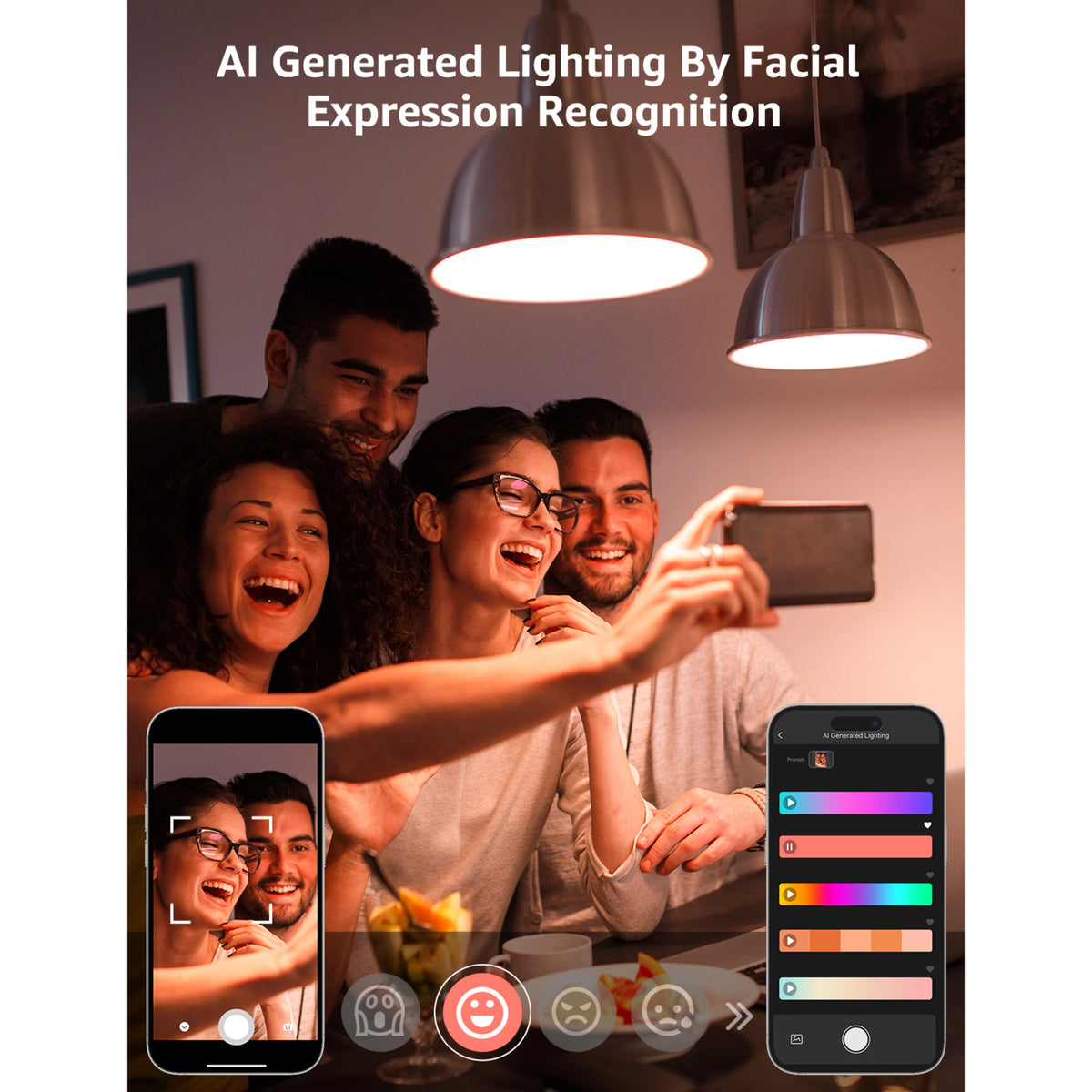Smartphone med app til Lepro BP1 smart LED-pære E14 RGB (4-pak) viser menuen for ansigtsgenkendelse og farvebjælker.
