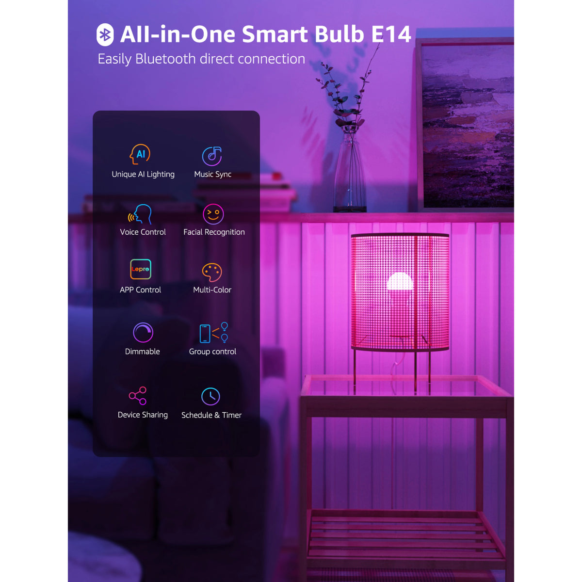 Lille netlampe på natbordet ved siden af infografikken for Lepro BP1 AI smart LED-pære E14 RGB, 4-pak.