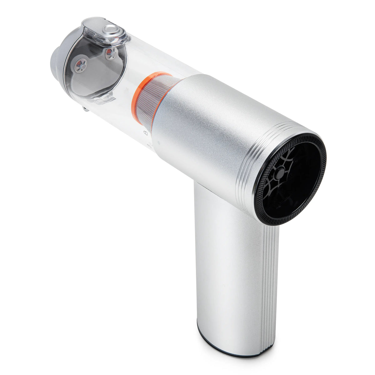 4-i-1 mini-støvsuger med blæsefunktion, 2200 mAh, 110 W, USB-C, sølv/sort med gennemsigtigt opsamlingsrum og cirkulær åbning.