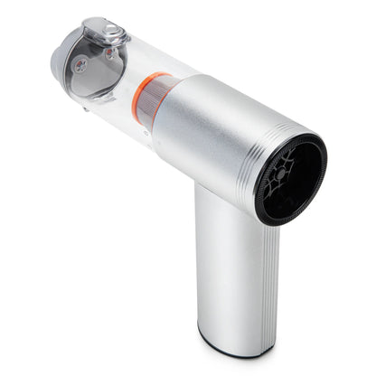 4-i-1 mini-støvsuger med blæsefunktion, 2200 mAh, 110 W, USB-C, sølv/sort med gennemsigtigt opsamlingsrum og cirkulær åbning.