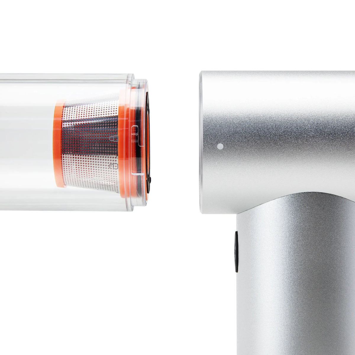 4-i-1 mini-støvsuger med blæsefunktion, 2200 mAh, 110 W, USB-C, filter og støvbeholder er adskilte og placeret over for hinanden.