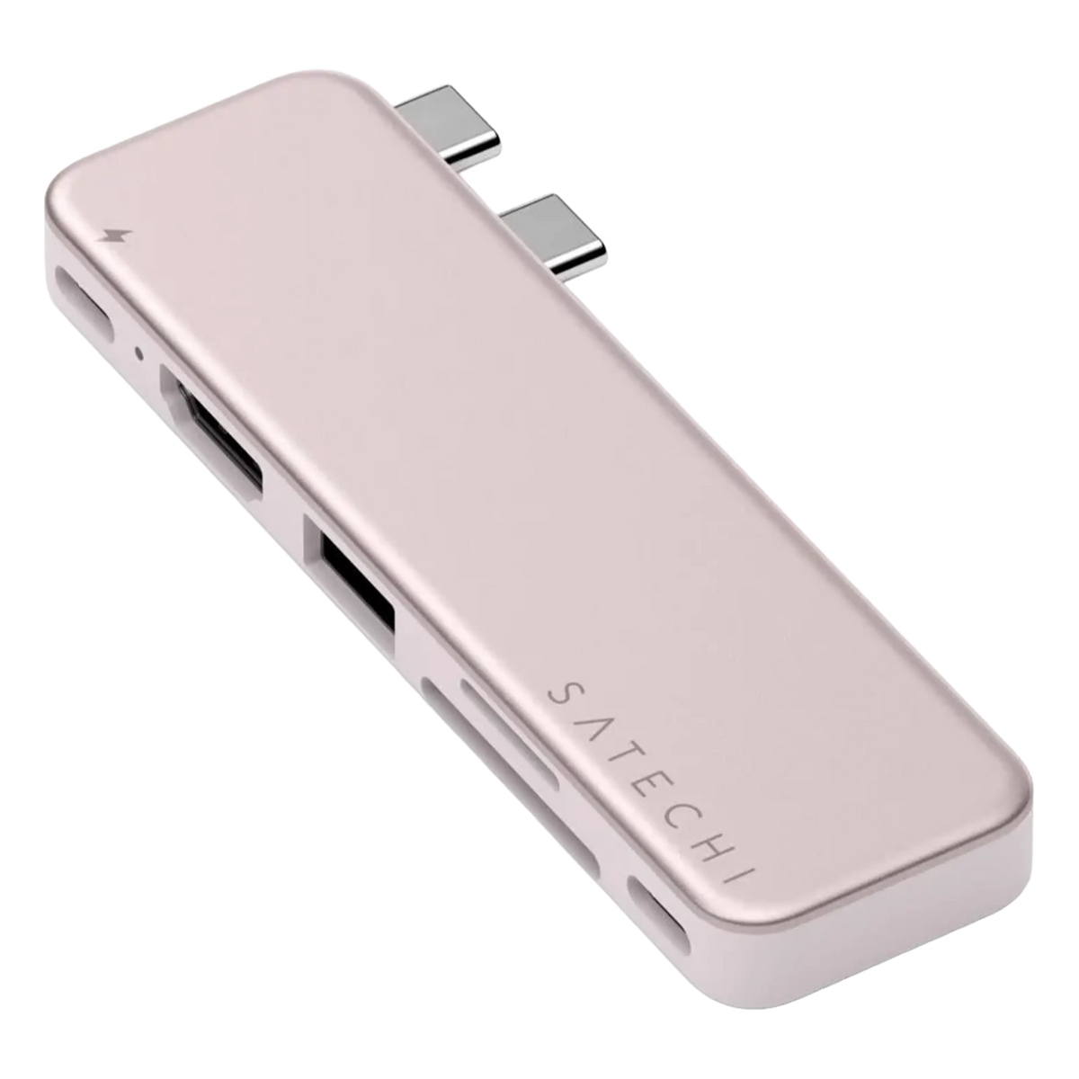 Satechi USB-C Snap Hub Neo Rouge, seks porte med USB, HDMI og SD-kort, til MacBook Neo med to USB-C-porte.