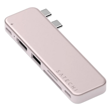Satechi USB-C Snap Hub Neo Rouge, seks porte med USB, HDMI og SD-kort, til MacBook Neo med to USB-C-porte.