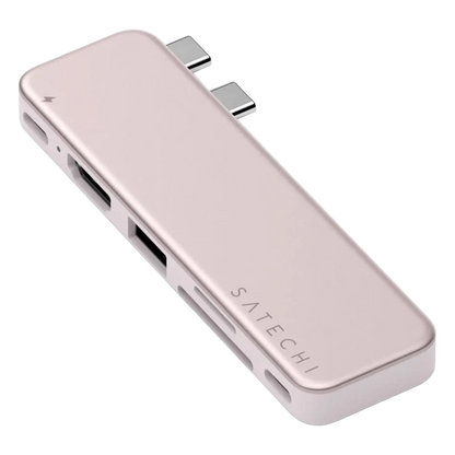 Satechi USB-C Snap Hub Neo Rouge, seks porte med USB, HDMI og SD-kort, til MacBook Neo med to USB-C-porte.