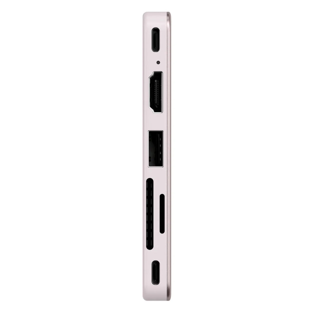 Satechi USB-C Snap Hub Neo Rouge, set fra siden, med USB-C-, HDMI-, USB-A- og SD-kortporte på et lyst kabinet.