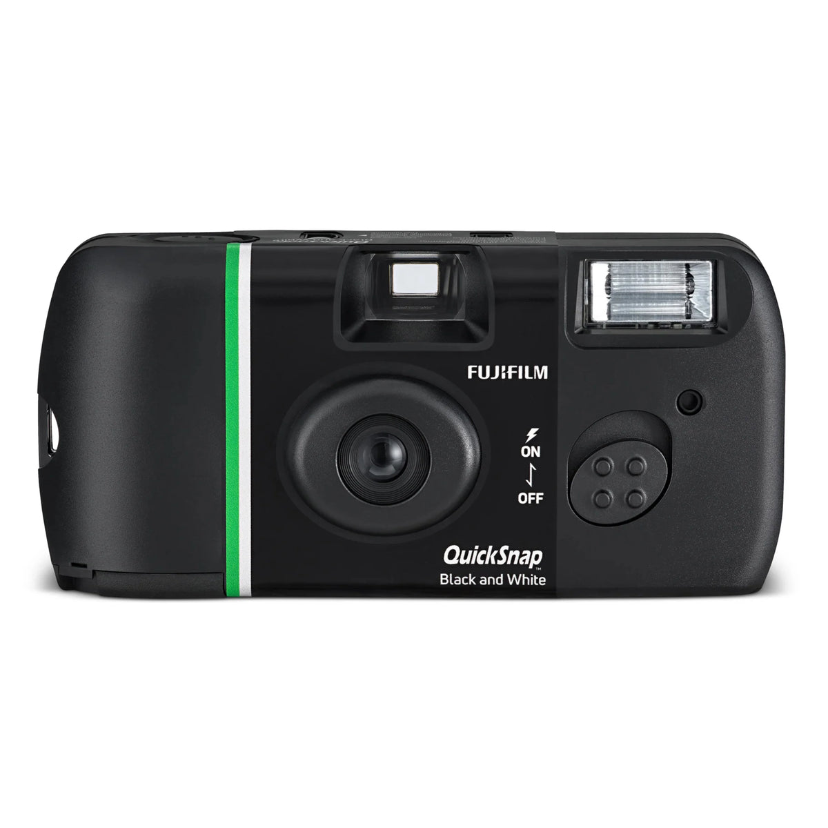 FUJIFILM QuickSnap Black and White engangskamera, sort, 27 billeder, grøn stribe, centralt placeret linse, søger, blitz, tekst: QuickSnap Black and White til sort-hvid film.