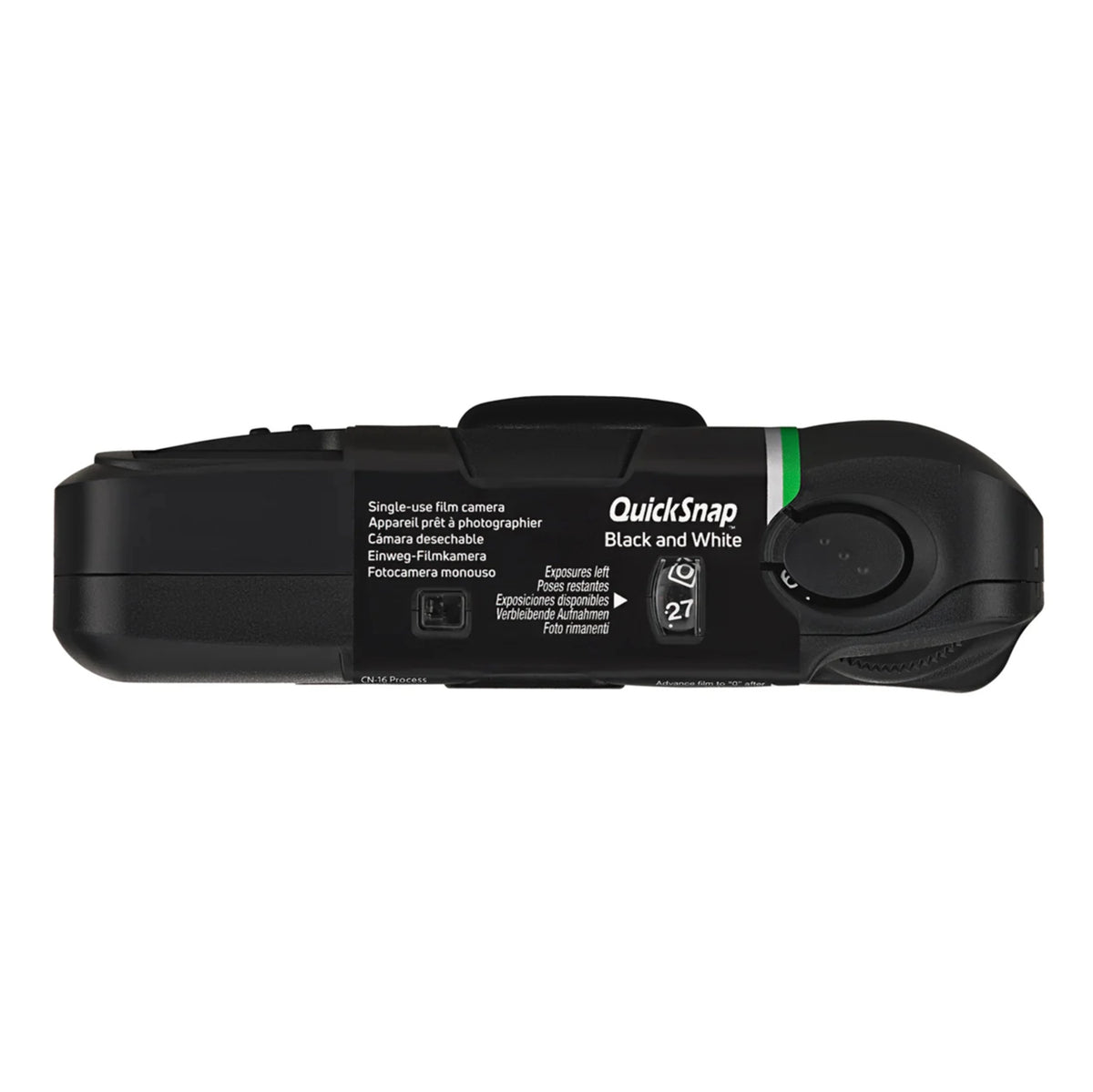Fujifilm QuickSnap sort-hvid engangskamera med 27 billeder, set ovenfra, synlig udløserknap, fremføringshjul og etiket.